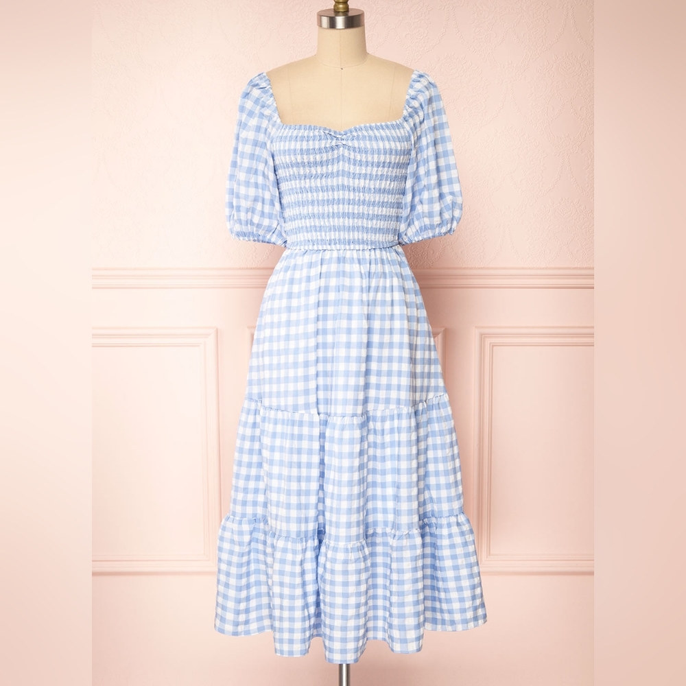 Puff Sleeve Gingham Midi Dress - Size M